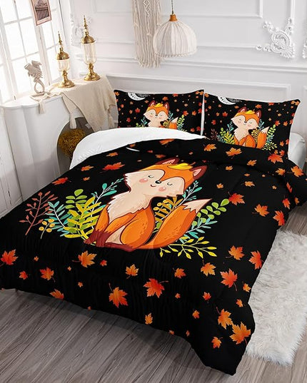 Cartoon Fox Comforter Set 3-Pieces Cute Fox Bedding Set Moon Plants Leaves Printed Quilt Set for Kids Boys Girls with 2 Pillowcases Full - LeafyLoom