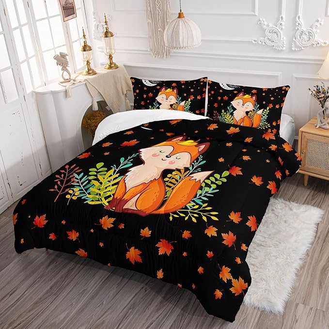 Cartoon Fox Comforter Set 3-Pieces Cute Fox Bedding Set Moon Plants Leaves Printed Quilt Set for Kids Boys Girls with 2 Pillowcases Queen - LeafyLoom