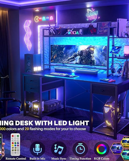 Aheaplus Desk with LED and Outlets, Gaming Desk with Hutch, 47.2'' Computer Desk with Drawers, Reversible Office Desk with Storage Bookshelf Large Workstation Desk with Shelf, Desk for Home, Black - LeafyLoom