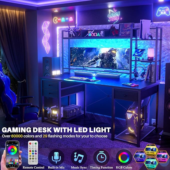 Aheaplus Desk with LED and Outlets, Gaming Desk with Hutch, 55.2'' Computer Desk with Drawers, Reversible office desk with storage bookshelf Large Workstation Desk with Shelf, Desk for Home, Black - LeafyLoom