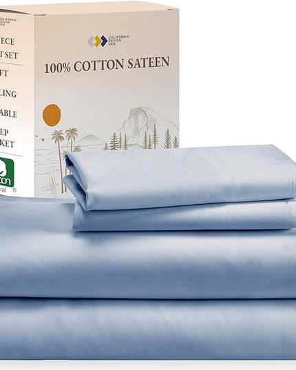 California Design Den Soft 100% Cotton Sheets King Size Bed Sheets Set with Deep Pockets, 4 Piece King Sheets Set with Sateen Weave, Cooling Sheets (Blue) - LeafyLoom