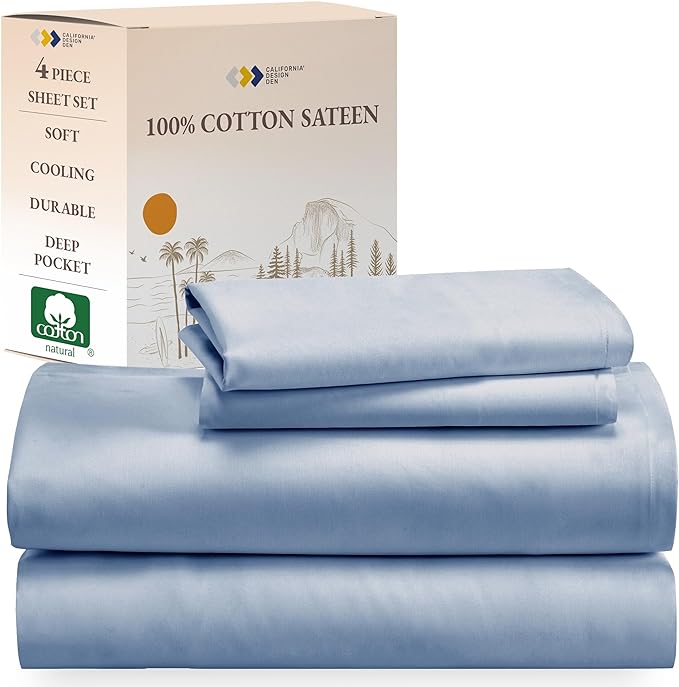 California Design Den Soft 100% Cotton Sheets King Size Bed Sheets Set with Deep Pockets, 4 Piece King Sheets Set with Sateen Weave, Cooling Sheets (Blue) - LeafyLoom