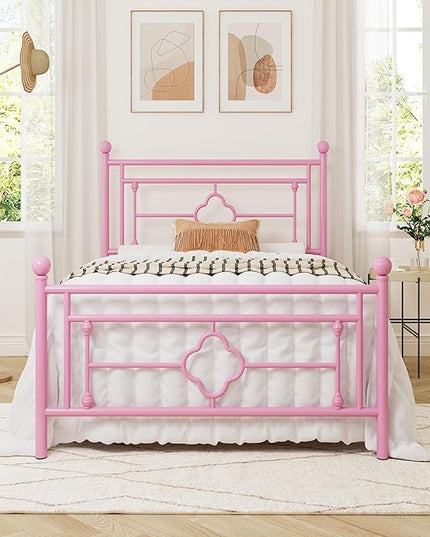 Allewie Twin Size Metal Platform Bed Frame with Victorian Vintage Headboard and Footboard/Mattress Foundation/Under Bed Storage/No Box Spring Needed/Noise-Free/Easy Assembly, Pink - LeafyLoom