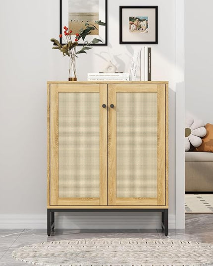 Sideboard Buffet Cabinet, Storage Cabinet with Double Rattan Doors, Modern Rattan Sideboard Cabinet, Kitchen Storage Cabinet with Metal Feet, for Entryway, Bedroom, Living Room (Natural Wood) - LeafyLoom