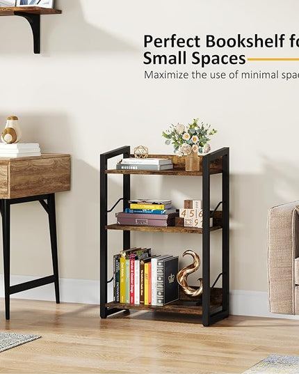Book Shelf Small Bookshelf: 3-Tier Wood Bookcase Industrial Bookshelf with Edge Protection Metal Narrow Bookshelves Storage Organizer Display Rack for Bedroom Home Office (Rustic Brown) - LeafyLoom