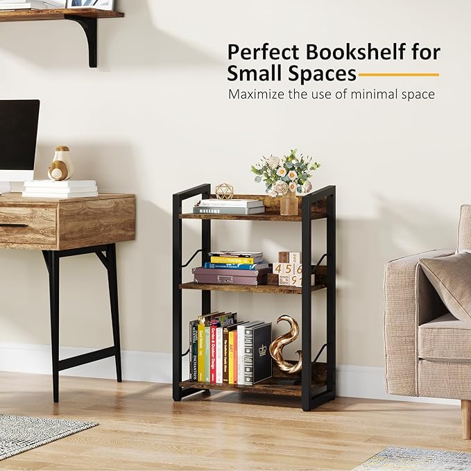 Book Shelf Small Bookshelf: 3-Tier Wood Bookcase Industrial Bookshelf with Edge Protection Metal Narrow Bookshelves Storage Organizer Display Rack for Bedroom Home Office (Rustic Brown) - LeafyLoom