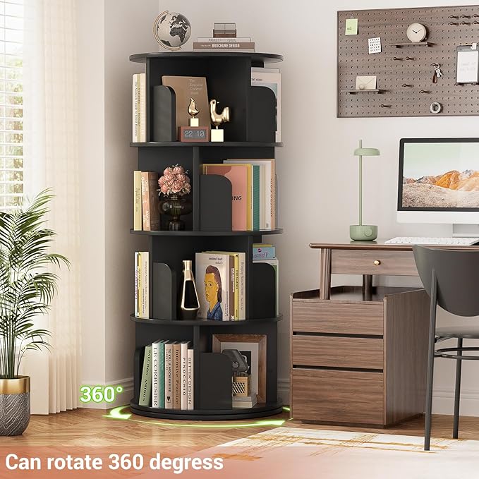 Rotating Bookshelf, Wood Corner Bookshelf, 360 Display Spinning Bookcase Storage Rack, 4 Tier Floor Standing Revolving Bookcase Narrow Book Shelf Organizer for Small Space, Bedroom, Black - LeafyLoom