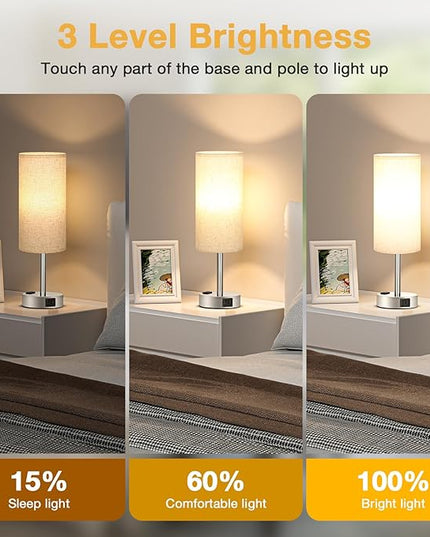 Light Beige Touch Nightstand Lamps - 3 Way Dimmable Bedside Table Lamps Set of 2 for Bedroom with USB C and A Ports, Small Desk Lamps with AC Outlet for Kids Dorm Nursery, Silver Base - LeafyLoom