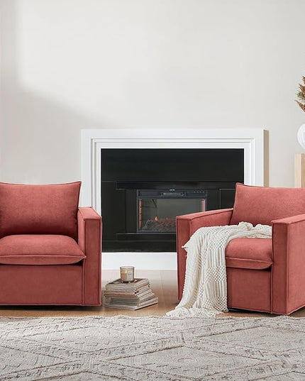 Swivel Accent Chair Set of 2, 34 Inches Wide Upholstered Arm Chair with Plump Back Pillow, Modern Sofa Living Room Chair for Bedroom, Corner, Reading Nook-Red - LeafyLoom