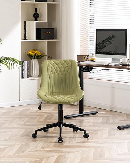 YOUNIKE Armless Office Chair with Wheels, Swivel Desk Chair Rolling Task Chair with Back, Upholstered Leather Computer Chair, Height Adjustable Modern Vanity Chair Avocado Green - LeafyLoom