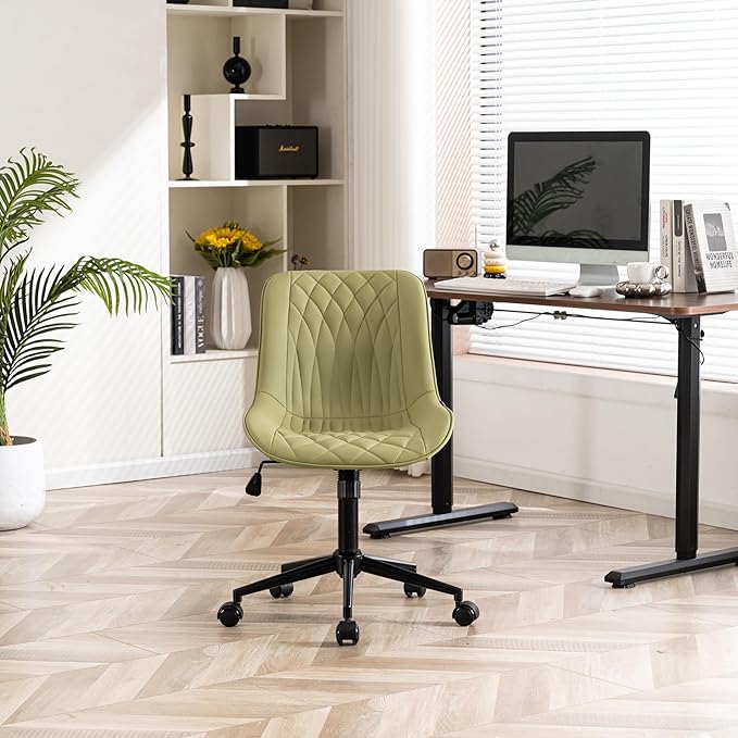 YOUNIKE Armless Office Chair with Wheels, Swivel Desk Chair Rolling Task Chair with Back, Upholstered Leather Computer Chair, Height Adjustable Modern Vanity Chair Avocado Green - LeafyLoom