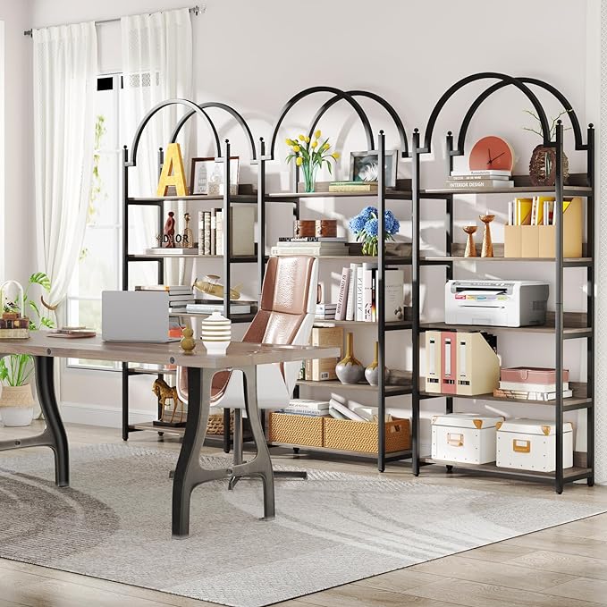 Tribesigns 5-shelf Arched Bookcase, 72 inch Tall Rustic Wood Shelf with Black Metal Frame, Industrial Freestanding Open Bookshelf for Bedroom, Living Room,Small Spaces (2, Oak+Black) - LeafyLoom