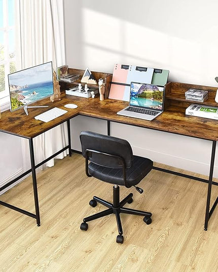 LUARANE 65.5 Inches L-Shaped Desk, Industrial Computer Desk with Hutch File Rack, Space Saving Corner Desk with Metal Frame, Computer Workstation for Home Office (Coffee) - LeafyLoom