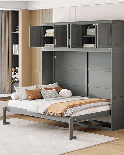 Merax Modern Murphy Cabinet Bed with Top Cabinets, Solid Wood Wall Platform Bed/No Box Spring Needed/Easy Assemble Full,Gray - LeafyLoom
