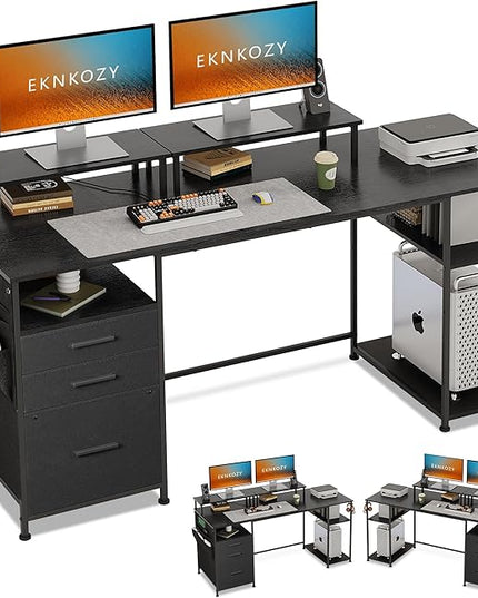 Computer Desk with 3 File Cabinet Drawers, 57.8'' Reversible Gaming Desk, Office Desk with Storage Shelves and Dual Monitor Stand for Home & Office (Black) - LeafyLoom