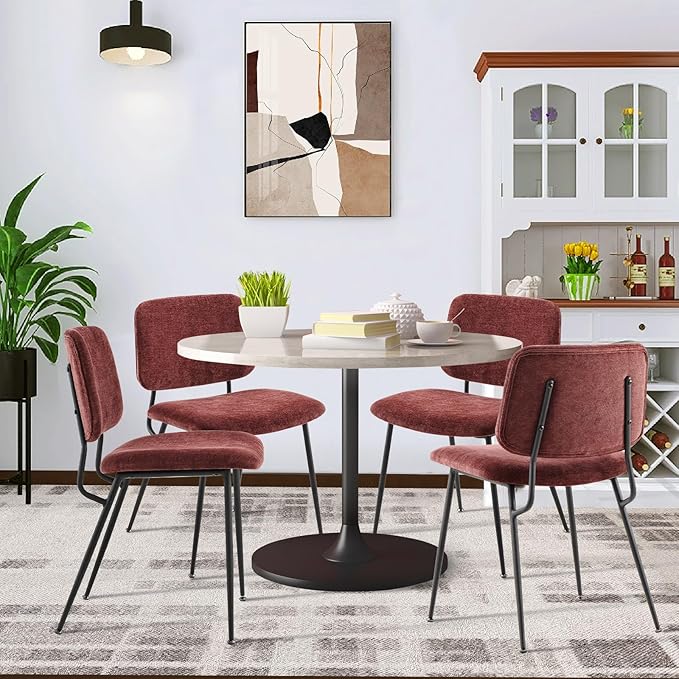 COLAMY Modern Upholstered Fabric Dining Room Accent Diner Stylish Kitchen Chairs with Solid Metal Legs, set of 2, Red - LeafyLoom