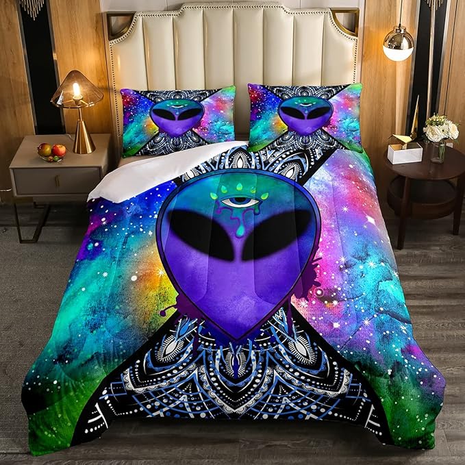 Erosebridal Trippy Alien Comforter Set Twin, Boho Tie Dye Bedding Sets for Kids Teens Adult Galaxy Outer Space Down Comforter Psychedelic Hippie Skull Duvet Sets 2 Pieces with 1 Pillow Case - LeafyLoom