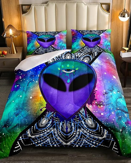 Trippy Alien Comforter Set Queen Galaxy Hippie Bedding Set for Kids Boys Teens Trippy Room Decor, Outer Space Solar System Duvet Sets Boho Psychedelic Tie Dye Down Comforter with 2 Pillow Cases - LeafyLoom