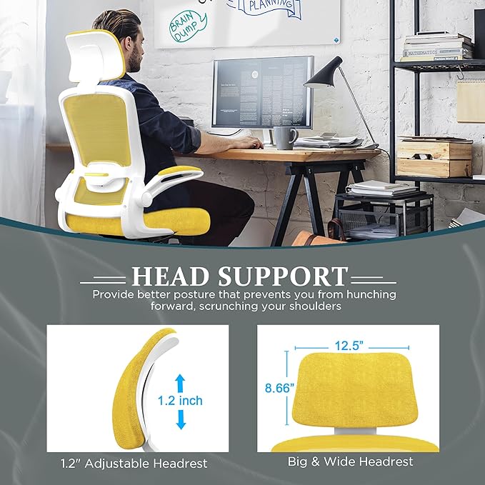 Mimoglad Office Chair, High Back Ergonomic Desk Chair with Adjustable Lumbar Support and Headrest, Swivel Task Chair with flip-up Armrests for Guitar Playing, 5 Years Warranty (Classic, Yellow) - LeafyLoom