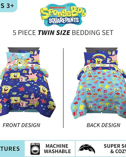 Franco Kids Bedding Super Soft Comforter and Sheet Set with Sham, 5 Piece Twin Size, Spongebob Squarepants - LeafyLoom