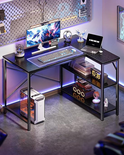 L Shaped Desk, 39 Inches Computer Desk with Reversible Storage Shelves, Gaming Desk, Corner Desk Home Office Desks, Writing Desk Study Desk with Metal Frame, Black - LeafyLoom