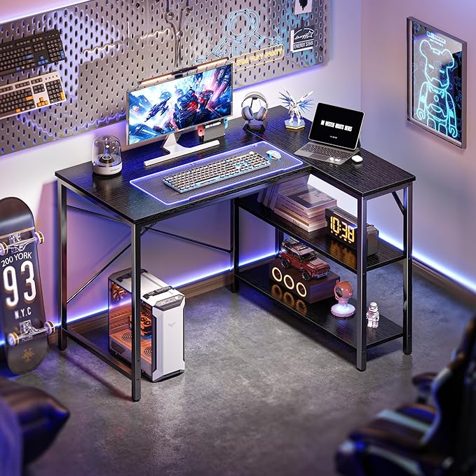 L Shaped Desk, 39 Inches Computer Desk with Reversible Storage Shelves, Gaming Desk, Corner Desk Home Office Desks, Writing Desk Study Desk with Metal Frame, Black - LeafyLoom