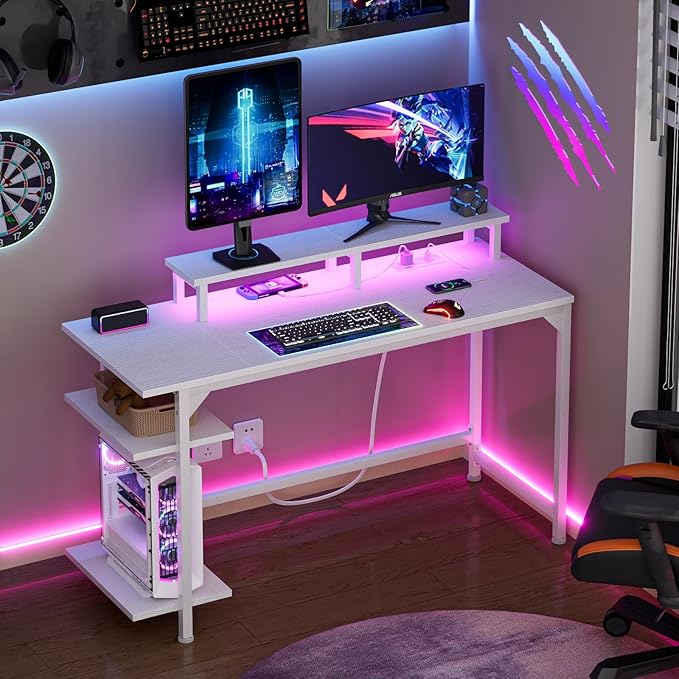 Furologee White Desk with Power Outlets and LED Lights, 47" Office Gaming Desk with Shelves and Fabric Drawer, Reversible Study Table with Monitor Stand and Hooks - LeafyLoom