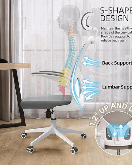 Office Chairs, Ergonomic Office Chair, Computer Chair with Adjustable Headrest, Lumbar Support, 2D Armrest, Metal Base and Iron Legs, White Frame Grey Mesh Office Chair - LeafyLoom
