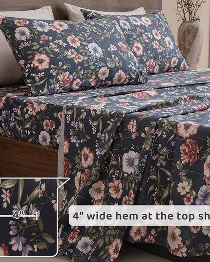QSH Floral Queen Size Sheet Sets - 100% Egyptian Cotton Sheets Elegant Navy Flower Pattern Printed Bedding Sheets Queen Size Bed Extra Soft and Breathable 4pcs Deep Pockets Bed Sheets - LeafyLoom
