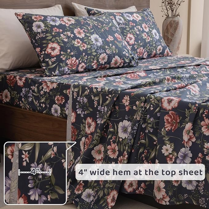QSH Floral Queen Size Sheet Sets - 100% Egyptian Cotton Sheets Elegant Navy Flower Pattern Printed Bedding Sheets Queen Size Bed Extra Soft and Breathable 4pcs Deep Pockets Bed Sheets - LeafyLoom