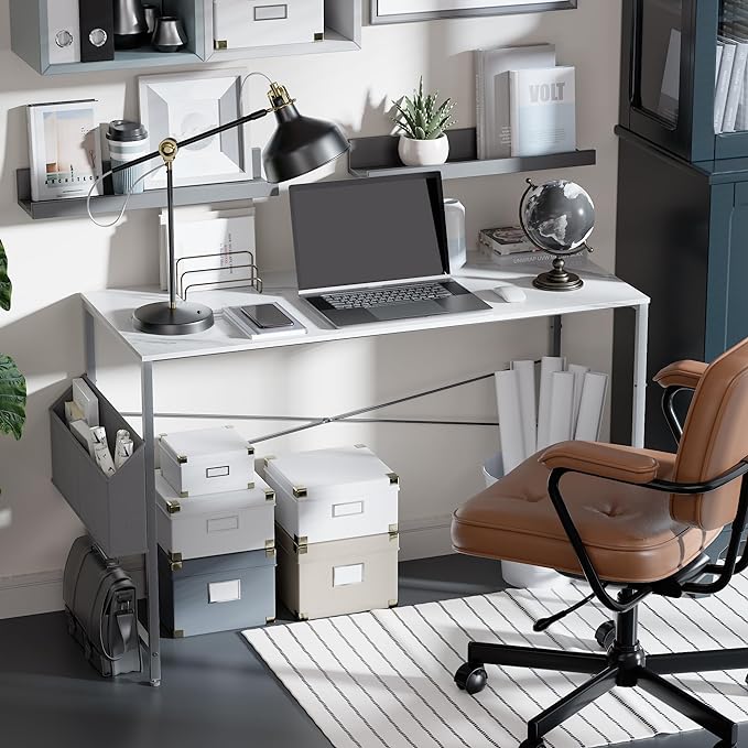 Pamray 47 Inch Computer Desk Small Spaces Desk with Storage Bag for Bedroom Writing and Home Office Work Small Study Desk Table White Marble - LeafyLoom