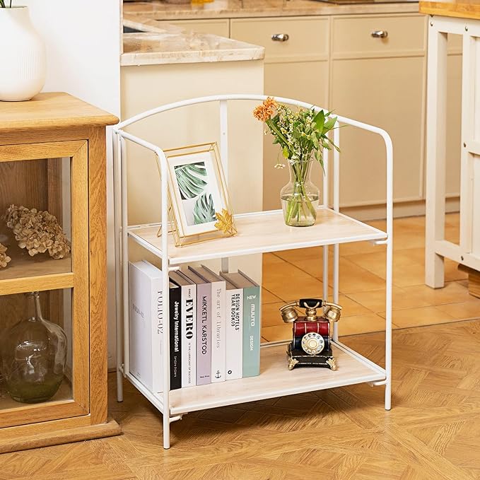 No Assembly Folding Bookshelf for Living Room, 2 Tier White Collapsible Book Shelf for Home Office, Portable Bookcase Storage Organizer - LeafyLoom