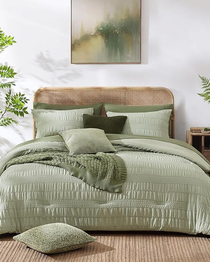 CASAAGUSTO Queen Comforter Set, 7 Pieces Sage Green Seersucker Bed in a Bag Queen Size Soft All Seasons, Bedding Sets with Comforter, Flat Sheet, Fitted Sheet, 2 Pillow Shams, 2 Pillowcases - LeafyLoom