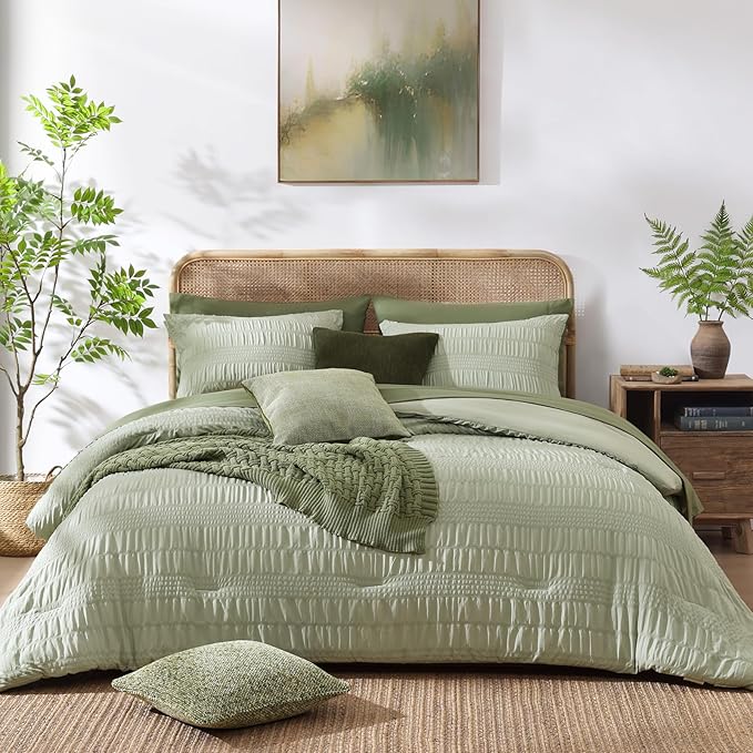 CASAAGUSTO Queen Comforter Set, 7 Pieces Sage Green Seersucker Bed in a Bag Queen Size Soft All Seasons, Bedding Sets with Comforter, Flat Sheet, Fitted Sheet, 2 Pillow Shams, 2 Pillowcases - LeafyLoom