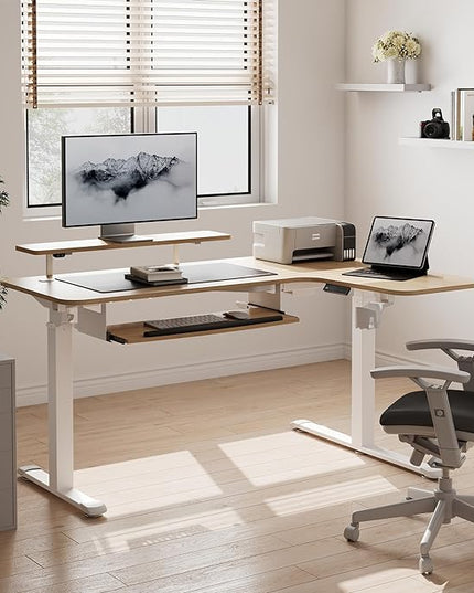 EUREKA ERGONOMIC Standing Desk Adjustable Height 61" Electric Sit Stand Computer Desk L Shaped with Keyboard Tray,Monitor Stand &LED, Dual Motor Memory Presets Sit to Desk Adjustable Desk, Right/Maple - LeafyLoom