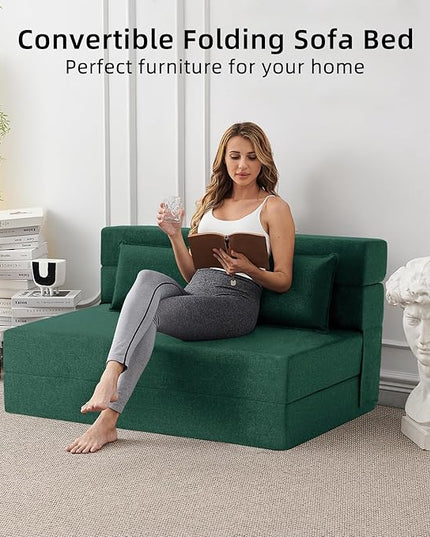 Convertible Folding Sofa Bed-Sleeper Chair with Pillow, Modern Linen Fabric Floor & Futon Couch, Foldable Mattress for Living Room/Dorm/Guest Use/Home Office/Apartment, Queen Size,Dark Green - LeafyLoom