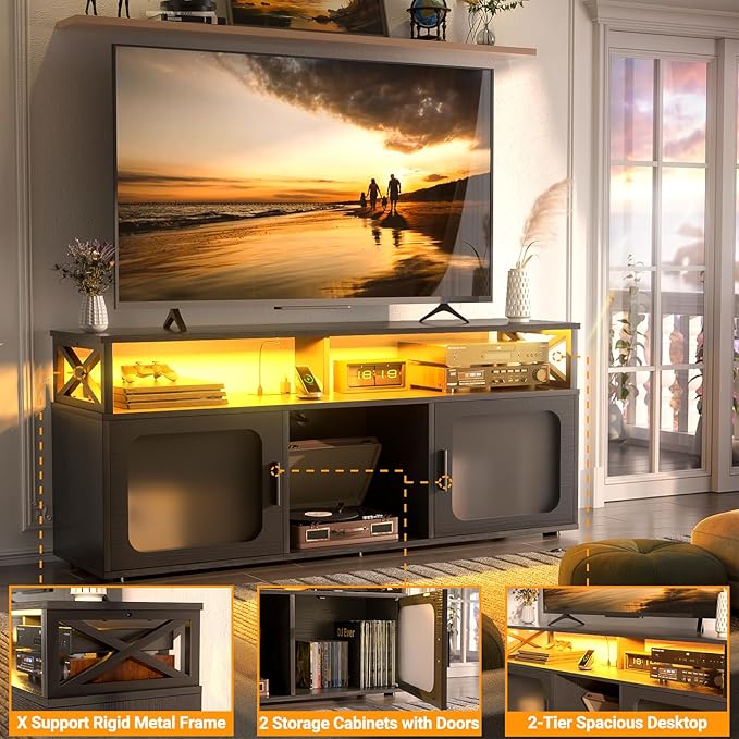 Aheaplus TV Stand for 55 60 Inch TV, Entertainment Center with LED Light & Charging Station, TV Console Table, Large Media Console Cabinet w/Soundbar Shelf, Cord Holes, for Living Room, Bedroom, Black - LeafyLoom