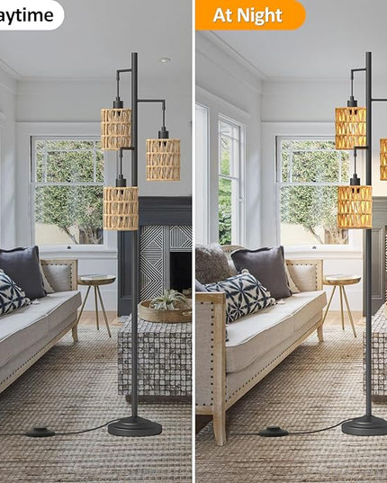 3-Lights Rattan Floor Lamps with ON/Off Foot Switch Tree Standing Lamp with Wood Rattan Lampshades Boho Floor Lamp Tall Pole Lamp for Living Room Bedroom Office, 3 PCS 6W Bulbs Included - LeafyLoom