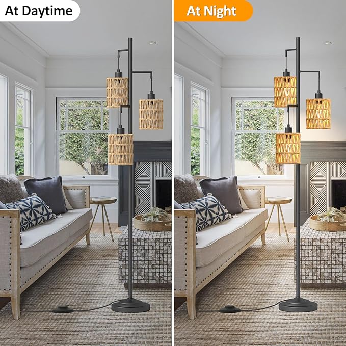 3-Lights Rattan Floor Lamps with ON/Off Foot Switch Tree Standing Lamp with Wood Rattan Lampshades Boho Floor Lamp Tall Pole Lamp for Living Room Bedroom Office, 3 PCS 6W Bulbs Included - LeafyLoom