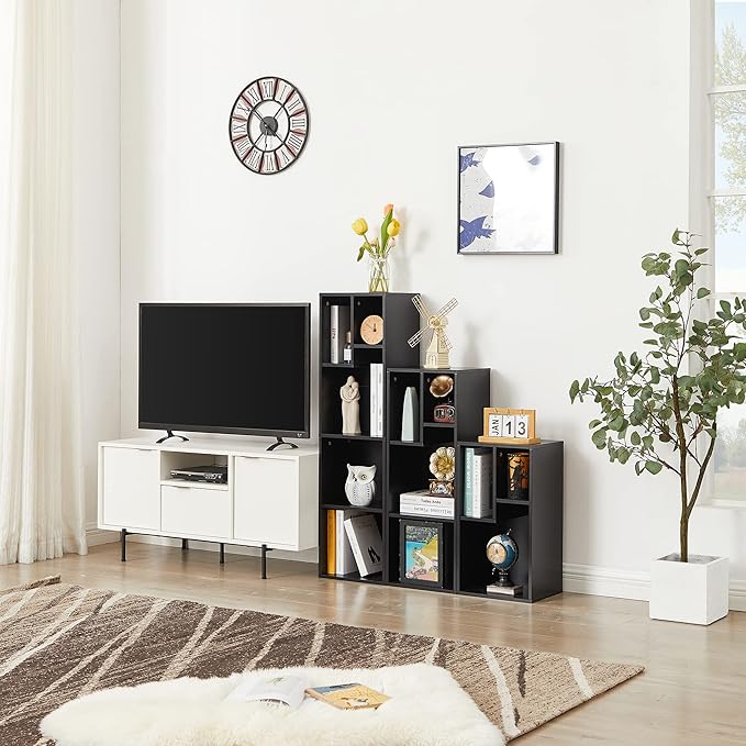 VECELO 3-Tier Small Bookcase, 4 Cube Bookshelf with Height Difference Shelves for Most Books, Modern Floor Standing Unit, Each Shelf Hold Up to 66 LBS for Living Room Bedroom, Vintage Black - LeafyLoom
