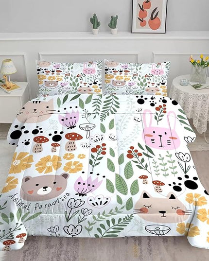 Floral Cat Bedding Full Size Cartoon Cats Comforter Set for Girls Boys Kids Teen Children Green Animals Print Bedroom Dorm Quilt 1 Comforter + 2 Pillow Cases - LeafyLoom