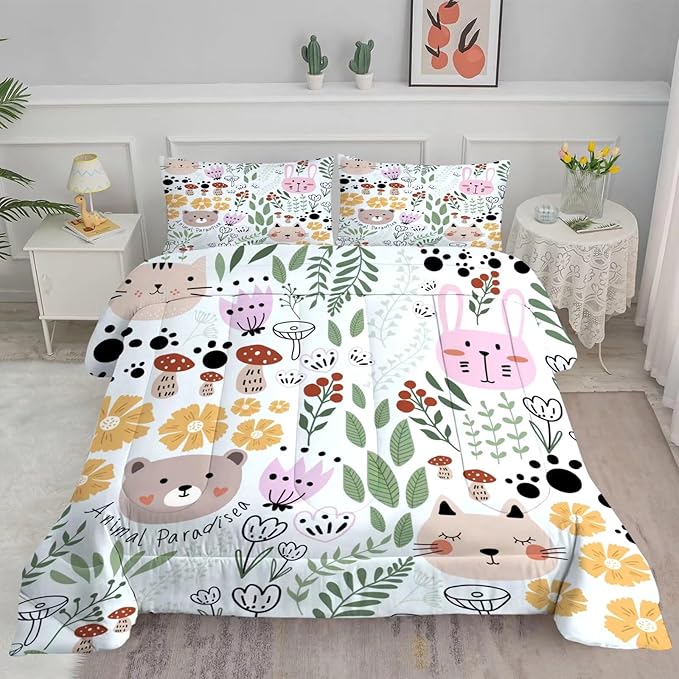 Floral Cat Bedding Full Size Cartoon Cats Comforter Set for Girls Boys Kids Teen Children Green Animals Print Bedroom Dorm Quilt 1 Comforter + 2 Pillow Cases - LeafyLoom