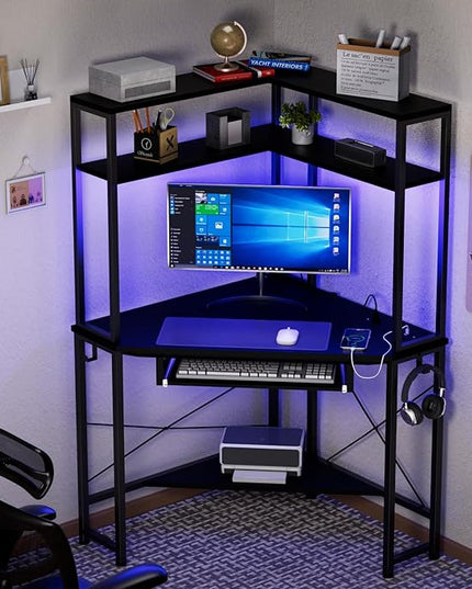Corner Desk with Hutch and LED Lights, Corner Computer Desk with Keyboard Tray and Monitor Stand, Small Computer Desk for Small Spaces, Home Office - LeafyLoom