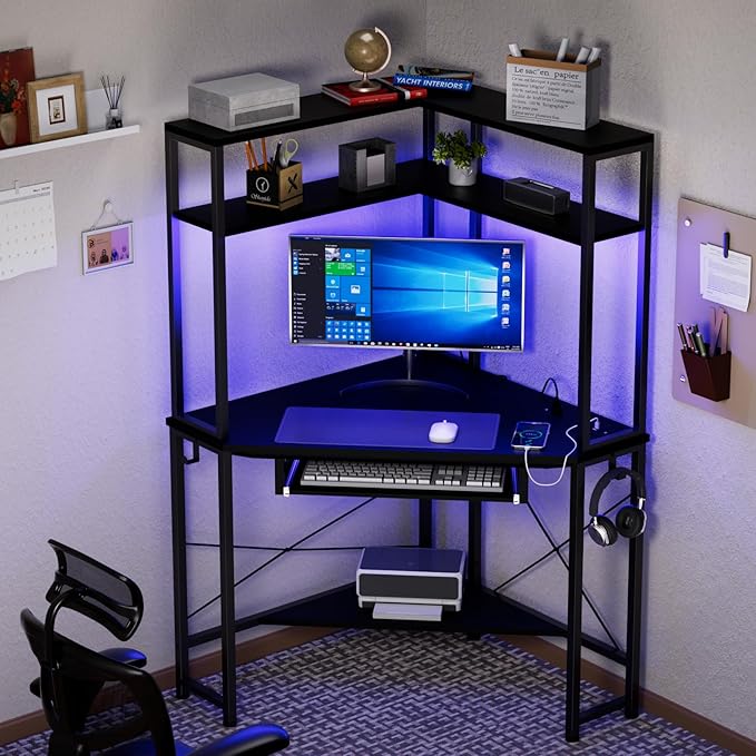 Corner Desk with Hutch and LED Lights, Corner Computer Desk with Keyboard Tray and Monitor Stand, Small Computer Desk for Small Spaces, Home Office - LeafyLoom