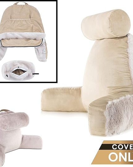 Husband Pillow XXL Cover Only - Baby Golden Wolf Fur Backrest Pillowcase Set, Two-Tone Reversible Double Sided Fabulous Faux Fur Reading & Bed Rest, Thick Zippers, 2 Sided Solid Fabric Neck Rolls - LeafyLoom