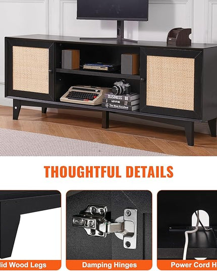 VEVOR Rattan TV Stand for 75in TV, Boho TV Stand with Rattan Door, Entertainment Center with Build-in Socket, Storage Cabinet with 2 Shelves, Modern TV Console for Living Room, Media Room, Black - LeafyLoom