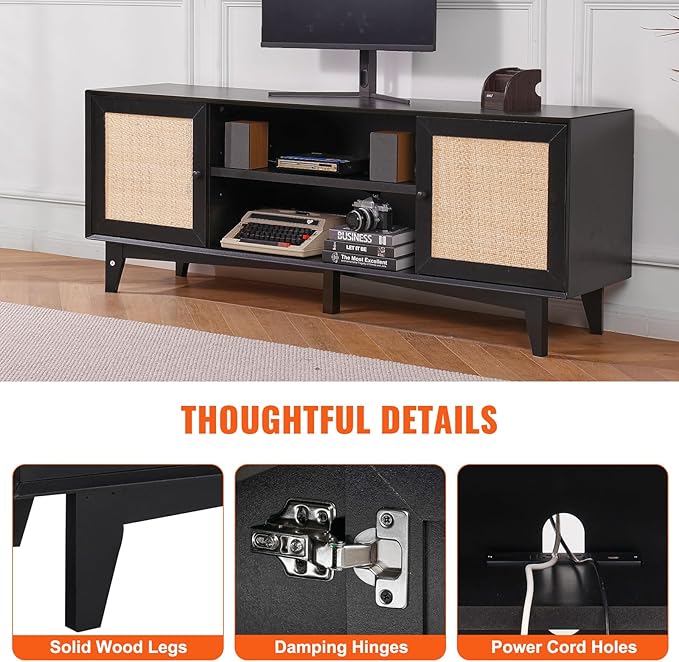 VEVOR Rattan TV Stand for 75in TV, Boho TV Stand with Rattan Door, Entertainment Center with Build-in Socket, Storage Cabinet with 2 Shelves, Modern TV Console for Living Room, Media Room, Black - LeafyLoom