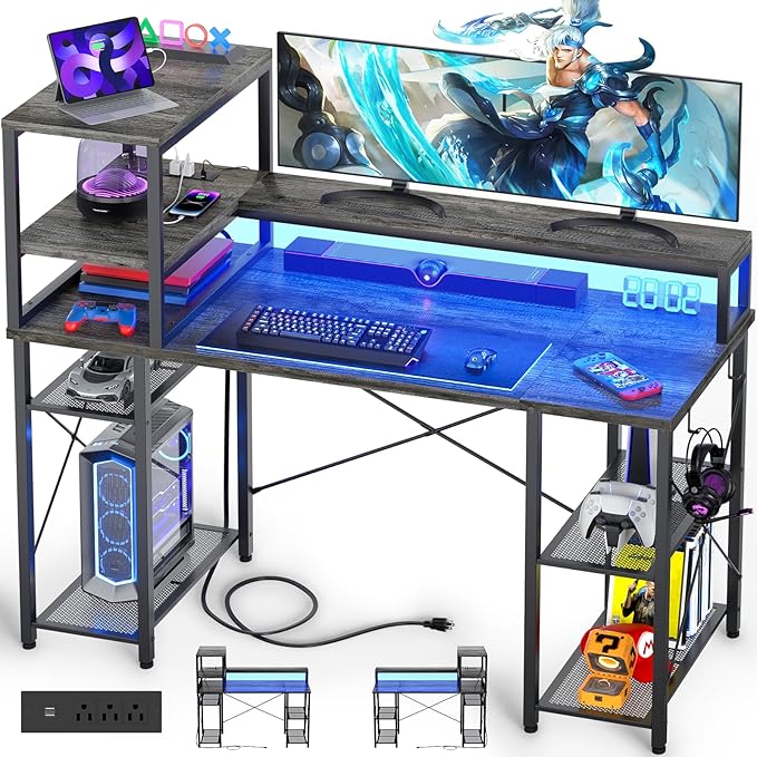 Cyclysio 55 inch Gaming Desk with LED Light, Adjustable Computer Desk with Storage Shelves, Home Office Desk with Power Outlets, Computer Gaming Desk with Long Monitor Stand for Small Space, Grey - LeafyLoom
