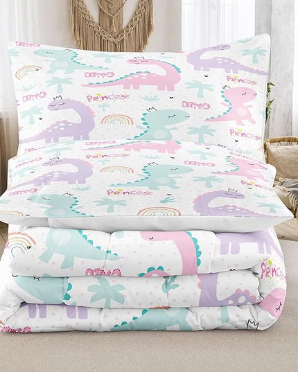NINENINE Girls Queen Comforter Set,Dinosaur Comforter Sets for Boys Kids,Girls Queen Bedding Colorful Rainbow Little Dino Princess Bed Sets with 1 Comforter&2 Pillowcases - LeafyLoom