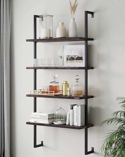 Nathan James Theo 4-Shelf Bookcase, Floating Wall Mount Shelves with Natural Wood and Industrial Pipe Metal Frame, Nutmeg/Black - LeafyLoom